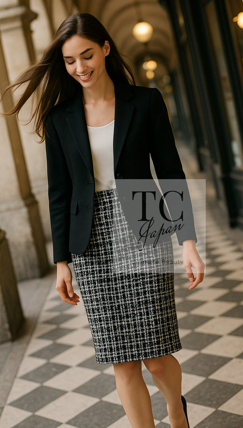 シャネル ブラック ホワイト ウール コットン ツイード スカート  