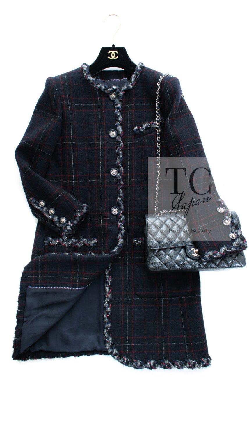 CHANEL 13PF Black Check Wool Cashmere Jacket Coat 36 シャネル ブラック チェック ウール カシミヤ ノーカラー ジャケット コート 即発