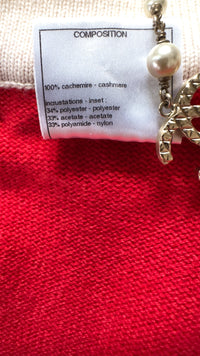 CHANEL 10S Red Pearl Trimming Cashmere 100% Knit Cardigan 38 40 シャネル レッド 豪華 パールトリミング カシミア100% ニット カーディガン 即発