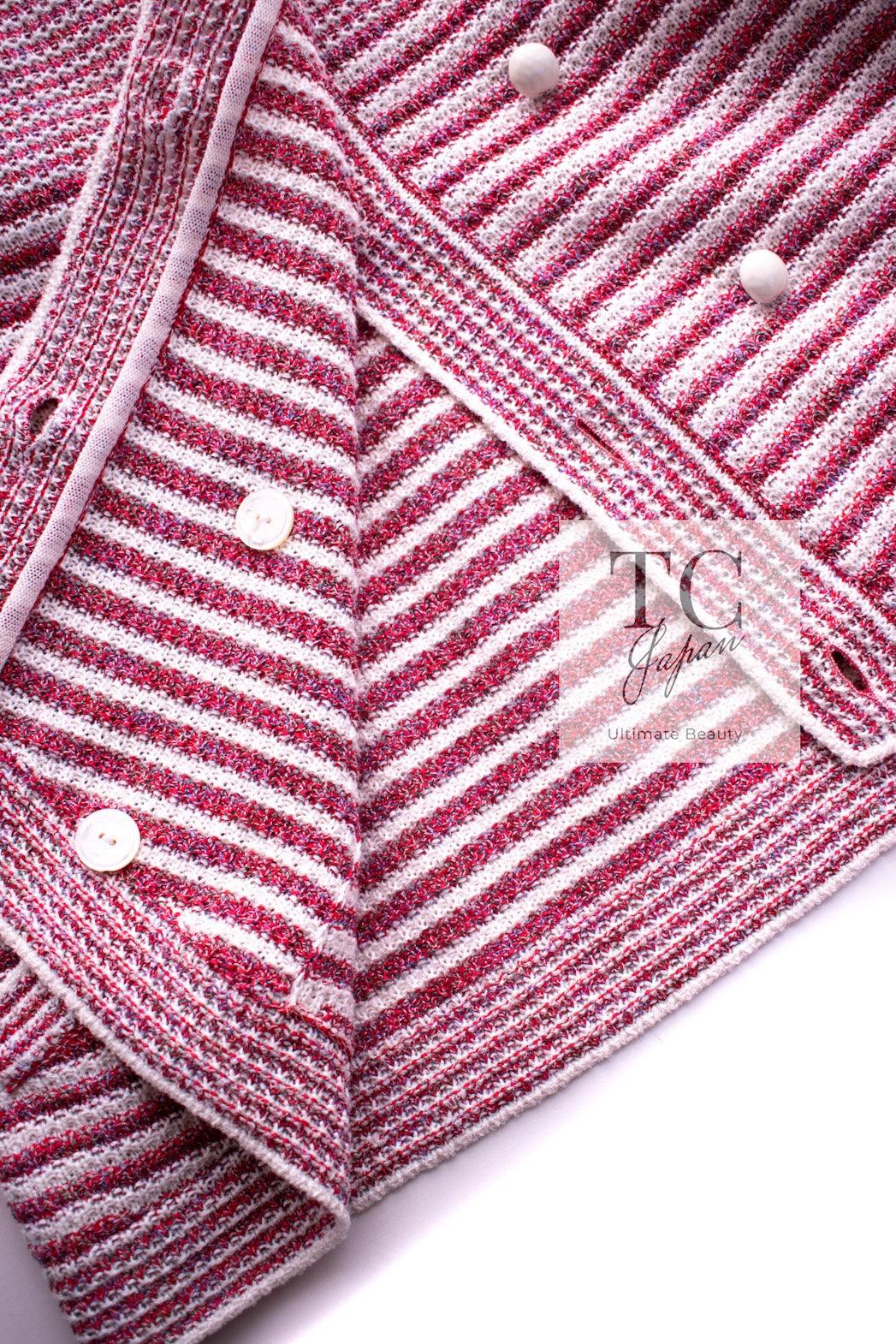 CHANEL 15S Red White Stripe Knit Cardigan 36 38 シャネル レッド ホワイト ストライプ ニット カーディガン 即発