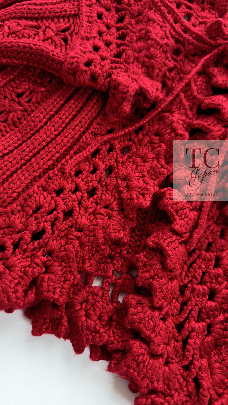 CHANEL 04S Red Crochet Frilled Knit Cardigan 34 38 40 シャネル レッド クロシェ フリル ニット カーディガン 即発