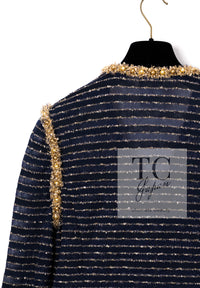 CHANEL 15C Navy Gold Metallic Pearl Trim Jacket Cardigan 42 シャネル ネイビー ゴールド メタリック パール トリミング ジャケット カーディガン 即発