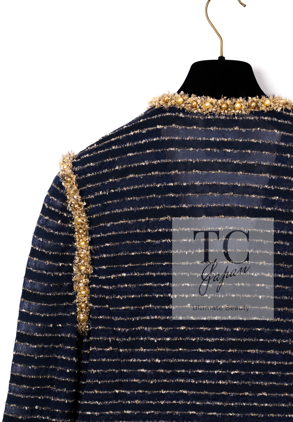 CHANEL 15C Navy Gold Metallic Pearl Trim Jacket Cardigan 42 シャネル ネイビー ゴールド メタリック パール トリミング ジャケット カーディガン 即発