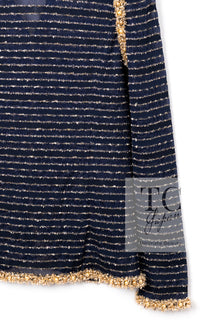 CHANEL 15C Navy Gold Metallic Pearl Trim Jacket Cardigan 42 シャネル ネイビー ゴールド メタリック パール トリミング ジャケット カーディガン 即発