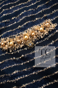 CHANEL 15C Navy Gold Metallic Pearl Trim Jacket Cardigan 42 シャネル ネイビー ゴールド メタリック パール トリミング ジャケット カーディガン 即発