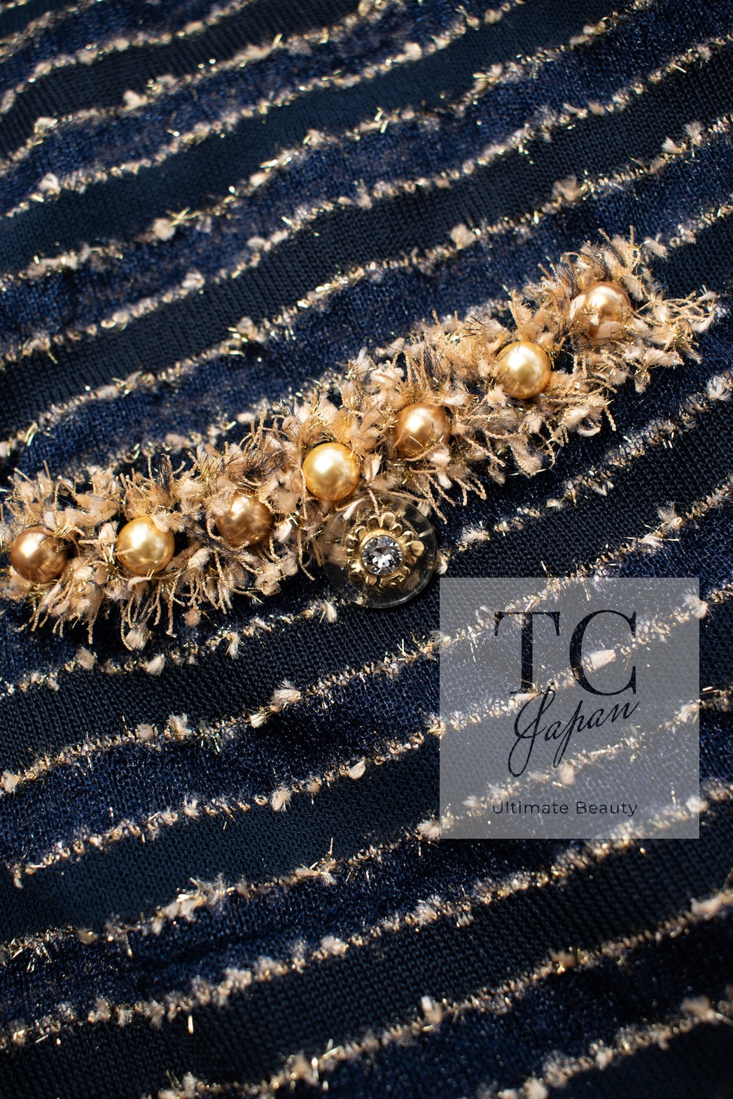 CHANEL 15C Navy Gold Metallic Pearl Trim Jacket Cardigan 42 シャネル ネイビー ゴールド メタリック パール トリミング ジャケット カーディガン 即発