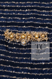 CHANEL 15C Navy Gold Metallic Pearl Trim Jacket Cardigan 42 シャネル ネイビー ゴールド メタリック パール トリミング ジャケット カーディガン 即発