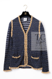 CHANEL 15C Navy Gold Metallic Pearl Trim Jacket Cardigan 42 シャネル ネイビー ゴールド メタリック パール トリミング ジャケット カーディガン 即発