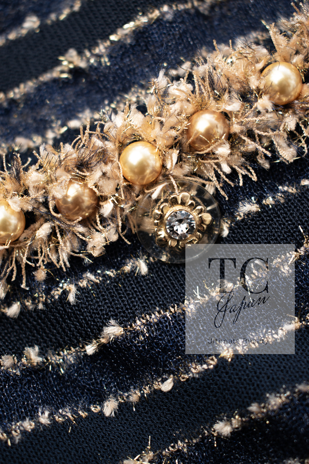 CHANEL 15C Navy Gold Metallic Pearl Trim Jacket Cardigan 42 シャネル ネイビー ゴールド メタリック パール トリミング ジャケット カーディガン 即発