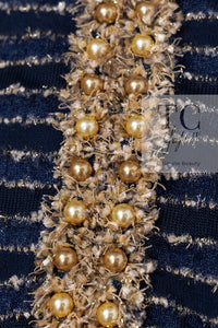 CHANEL 15C Navy Gold Metallic Pearl Trim Jacket Cardigan 42 シャネル ネイビー ゴールド メタリック パール トリミング ジャケット カーディガン 即発