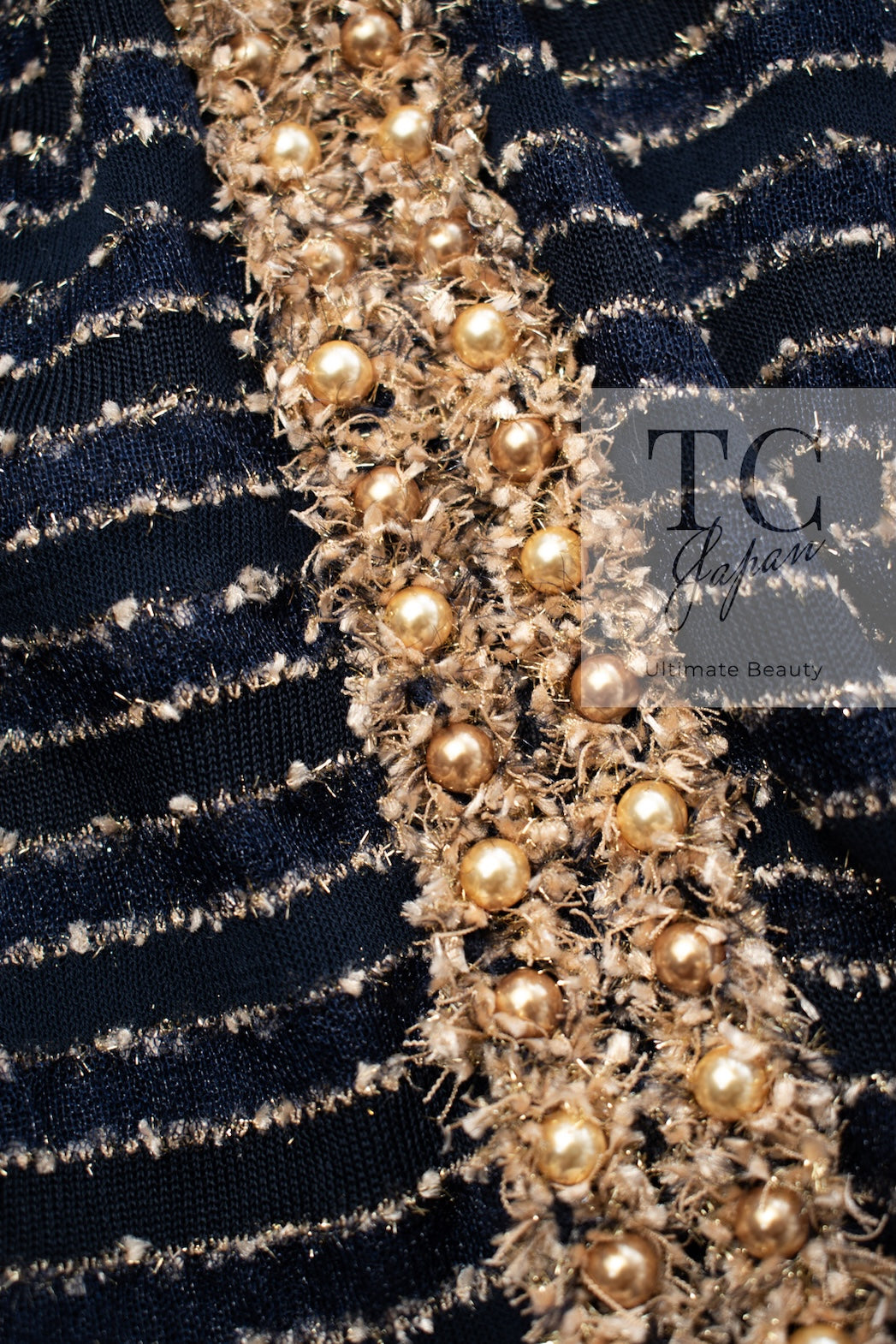 CHANEL 15C Navy Gold Metallic Pearl Trim Jacket Cardigan 42 シャネル ネイビー ゴールド メタリック パール トリミング ジャケット カーディガン 即発