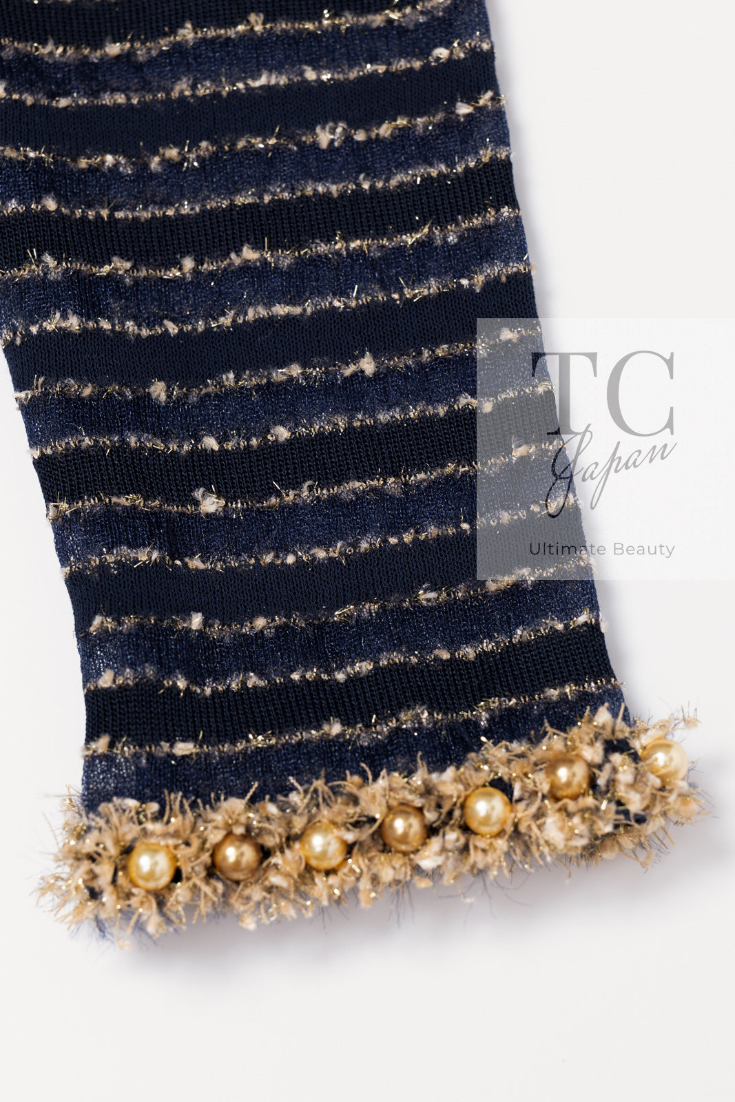 CHANEL 15C Navy Gold Metallic Pearl Trim Jacket Cardigan 42 シャネル ネイビー ゴールド メタリック パール トリミング ジャケット カーディガン 即発
