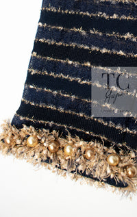CHANEL 15C Navy Gold Metallic Pearl Trim Jacket Cardigan 42 シャネル ネイビー ゴールド メタリック パール トリミング ジャケット カーディガン 即発