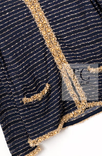 CHANEL 15C Navy Gold Metallic Pearl Trim Jacket Cardigan 42 シャネル ネイビー ゴールド メタリック パール トリミング ジャケット カーディガン 即発