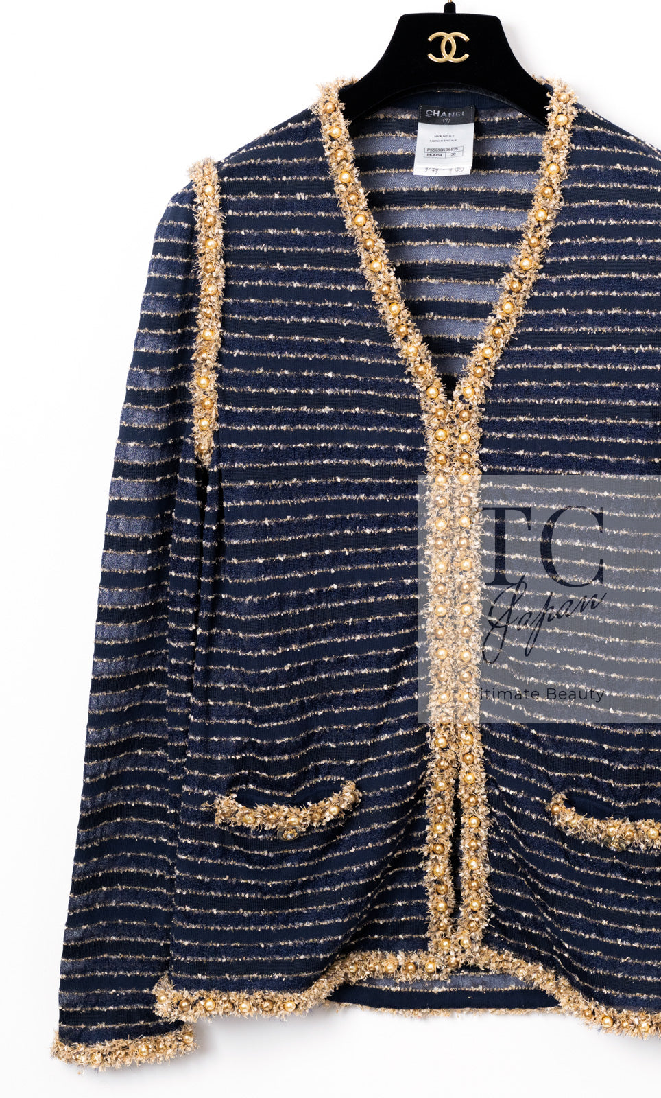 CHANEL 15C Navy Gold Metallic Pearl Trim Jacket Cardigan 42 シャネル ネイビー ゴールド メタリック パール トリミング ジャケット カーディガン 即発