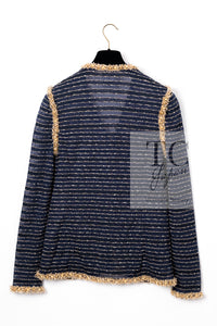 CHANEL 15C Navy Gold Metallic Pearl Trim Jacket Cardigan 42 シャネル ネイビー ゴールド メタリック パール トリミング ジャケット カーディガン 即発