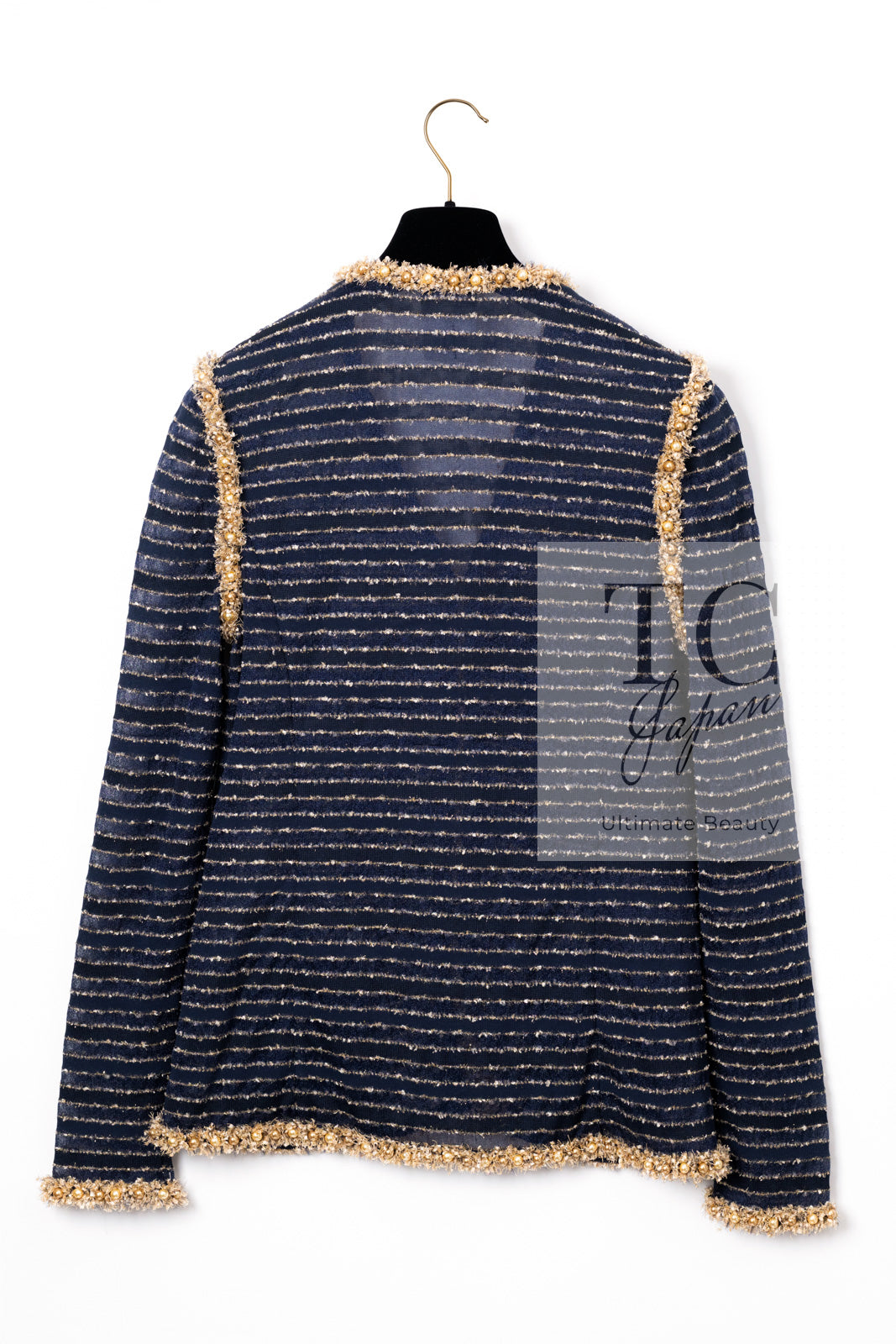 CHANEL 15C Navy Gold Metallic Pearl Trim Jacket Cardigan 42 シャネル ネイビー ゴールド メタリック パール トリミング ジャケット カーディガン 即発