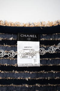 CHANEL 15C Navy Gold Metallic Pearl Trim Jacket Cardigan 42 シャネル ネイビー ゴールド メタリック パール トリミング ジャケット カーディガン 即発