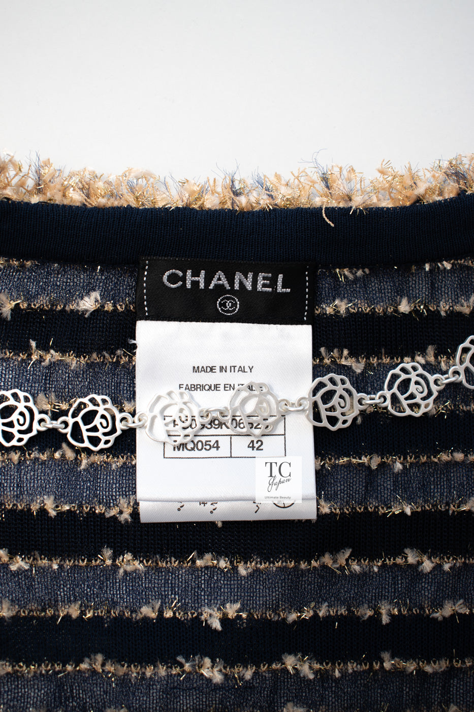 CHANEL 15C Navy Gold Metallic Pearl Trim Jacket Cardigan 42 シャネル ネイビー ゴールド メタリック パール トリミング ジャケット カーディガン 即発