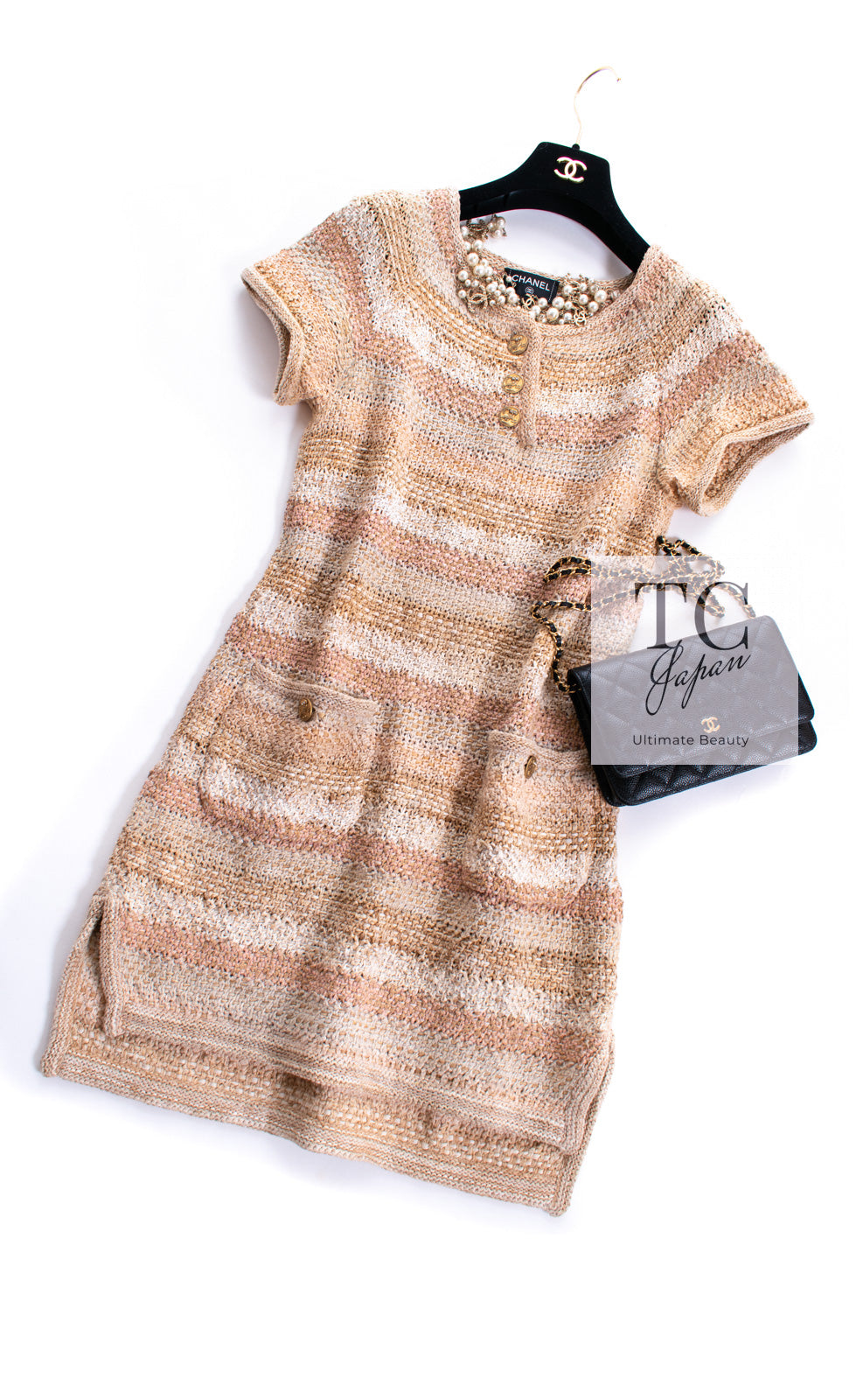 CHANEL 18C Beige Peach Knit Dress 42 シャネル ベージュ ピーチ ニット ワンピース 即発