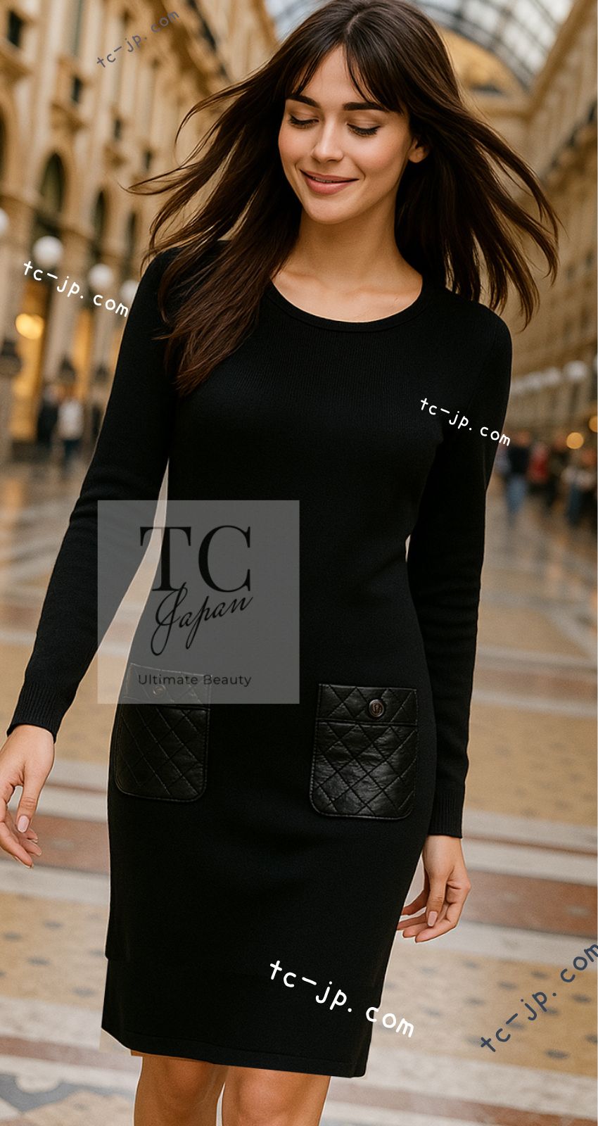 シャネル ワンピース CHANEL ブラック ウール カシミア ラムスキン  