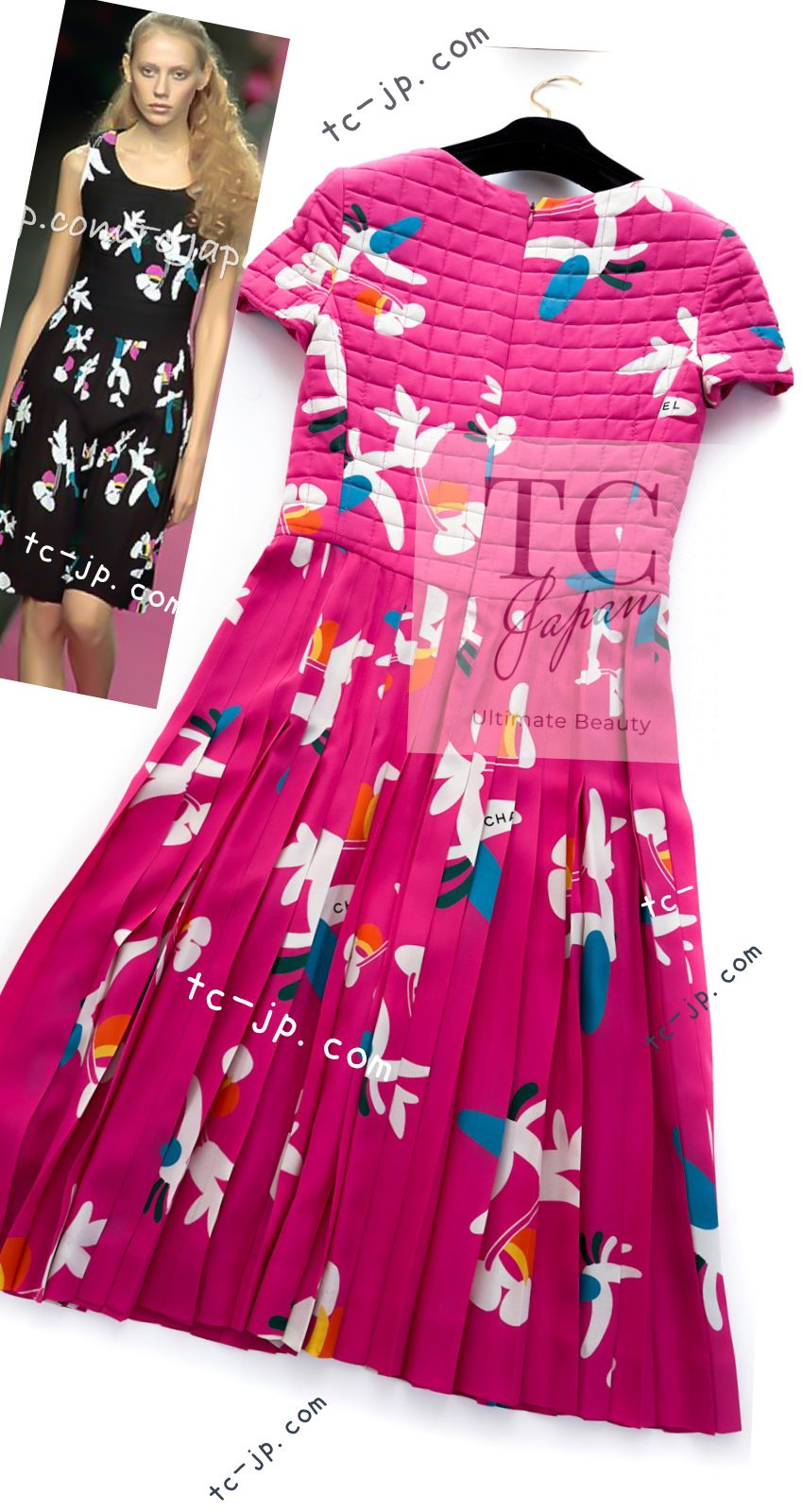 CHANEL 00T Vintage Pink Silk 100 Floral Pleated Dress 34 シャネル ヴィンテージ 花柄フローラル シルク 100% プリーツ ワンピース 即発