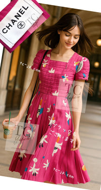 CHANEL 00T Vintage Pink Silk 100 Floral Pleated Dress 34 シャネル ヴィンテージ 花柄フローラル シルク 100% プリーツ ワンピース 即発
