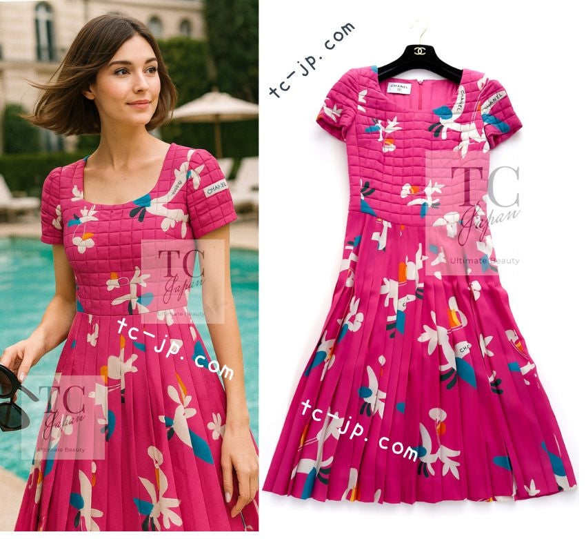CHANEL 00T Vintage Pink Silk 100 Floral Pleated Dress 34 シャネル ヴィンテージ 花柄フローラル シルク 100% プリーツ ワンピース 即発