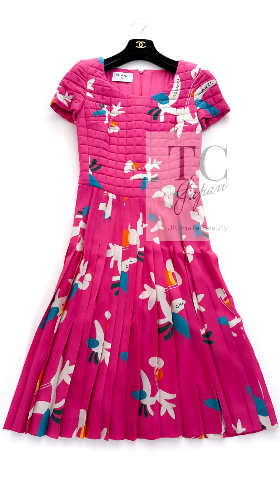 CHANEL 00T Vintage Pink Silk 100 Floral Pleated Dress 34 シャネル ヴィンテージ 花柄フローラル シルク 100% プリーツ ワンピース 即発