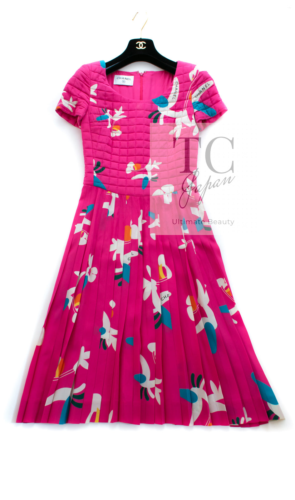 CHANEL 00T Vintage Pink Silk 100 Floral Pleated Dress 34 シャネル ヴィンテージ 花柄フローラル シルク 100% プリーツ ワンピース 即発