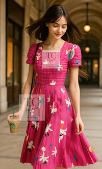 CHANEL 00T Vintage Pink Silk 100 Floral Pleated Dress 34 シャネル ヴィンテージ 花柄フローラル シルク 100% プリーツ ワンピース 即発