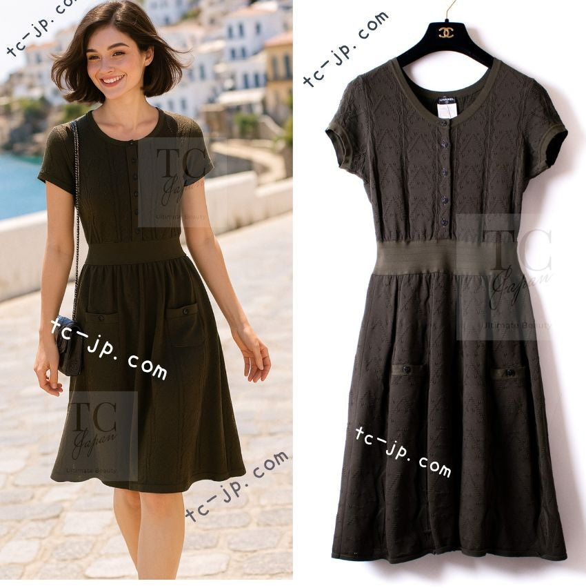 CHANEL 08S Dark Olive Pointelle Knit Dress 36 38 シャネル ダークオリーブ ポワンテル ニット ココボタン ワンピース 即発