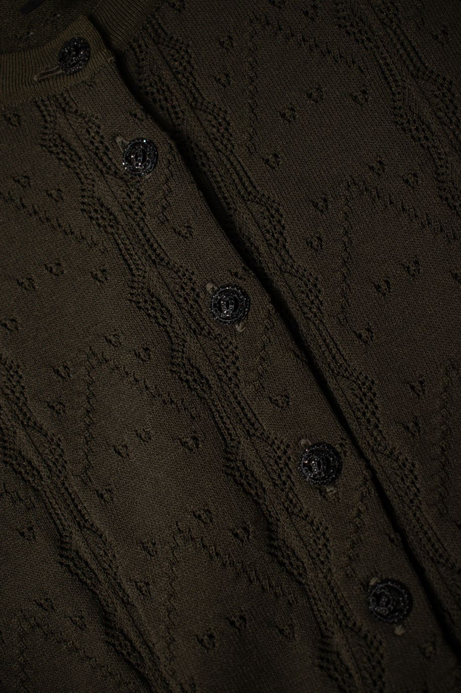 CHANEL 08S Dark Olive Pointelle Knit Dress 36 38 シャネル ダークオリーブ ポワンテル ニット ココボタン ワンピース 即発