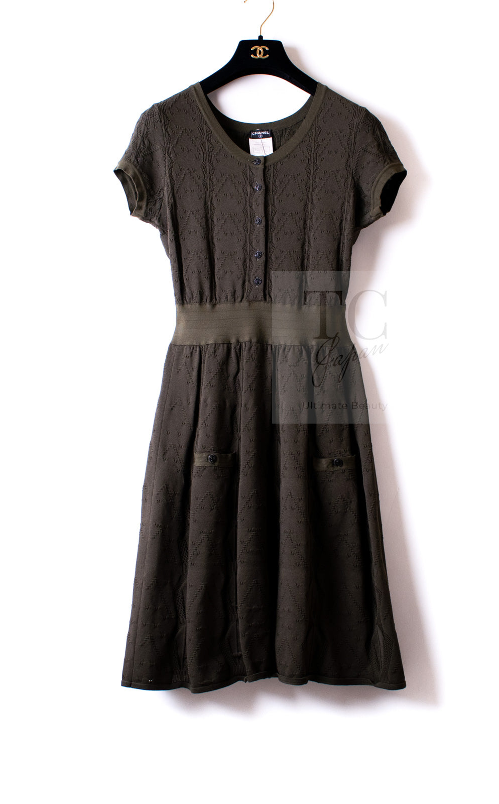 CHANEL 08S Dark Olive Pointelle Knit Dress 36 38 シャネル ダークオリーブ ポワンテル ニット ココボタン ワンピース 即発