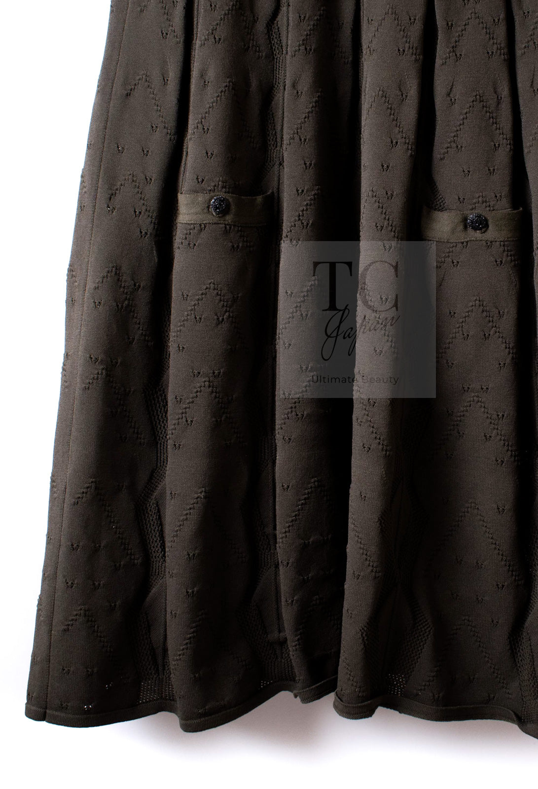 CHANEL 08S Dark Olive Pointelle Knit Dress 36 38 シャネル ダークオリーブ ポワンテル ニット ココボタン ワンピース 即発