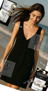 CHANEL 14C Black Terry CC Button Accents Soft Summer Dress 36 シャネル ブラック テリー柔らか素材 サマー ワンピース 即発