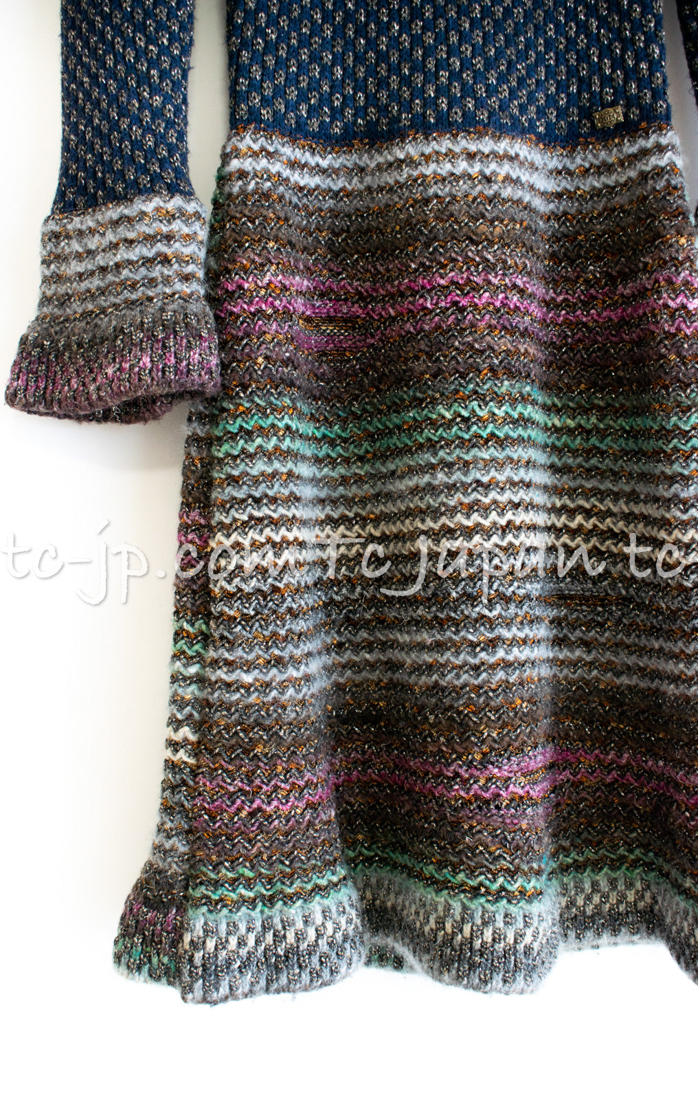 CHANEL 11PF Paris Byzance Gold Thread Mix Wool Knit Dress 34 36 シャネル ネイビー ミックス メタリック ニット ワンピース 即発
