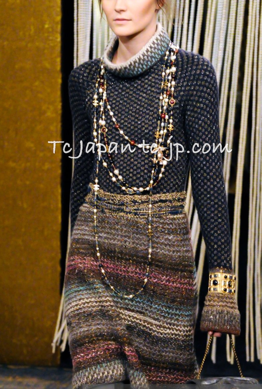 CHANEL 11PF Paris Byzance Gold Thread Mix Wool Knit Dress 34 36 38 シャネル  ネイビー ミックス メタリック ニット ワンピース 即発