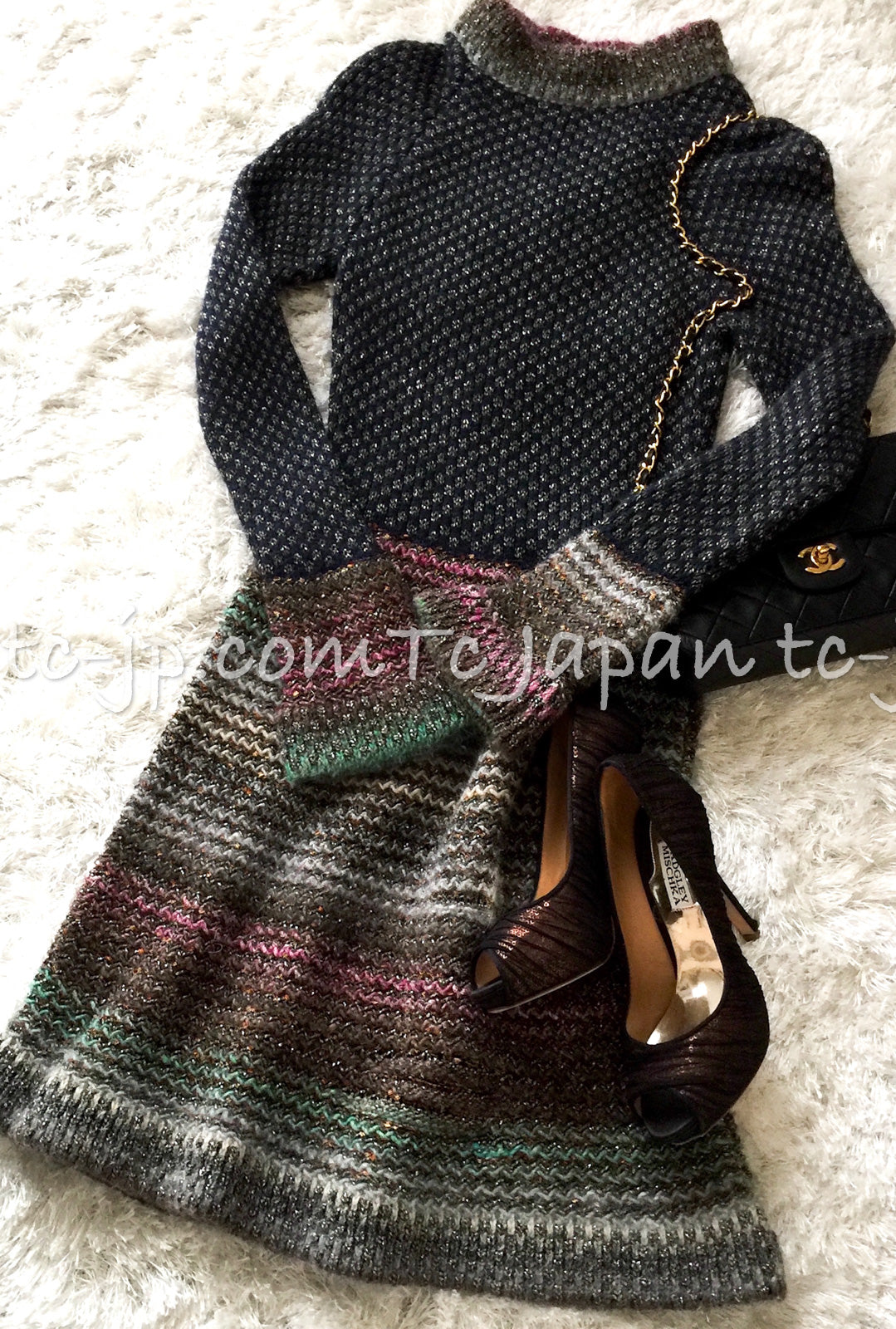 CHANEL 11PF Paris Byzance Gold Thread Mix Wool Knit Dress 34 36 シャネル ネイビー ミックス メタリック ニット ワンピース 即発