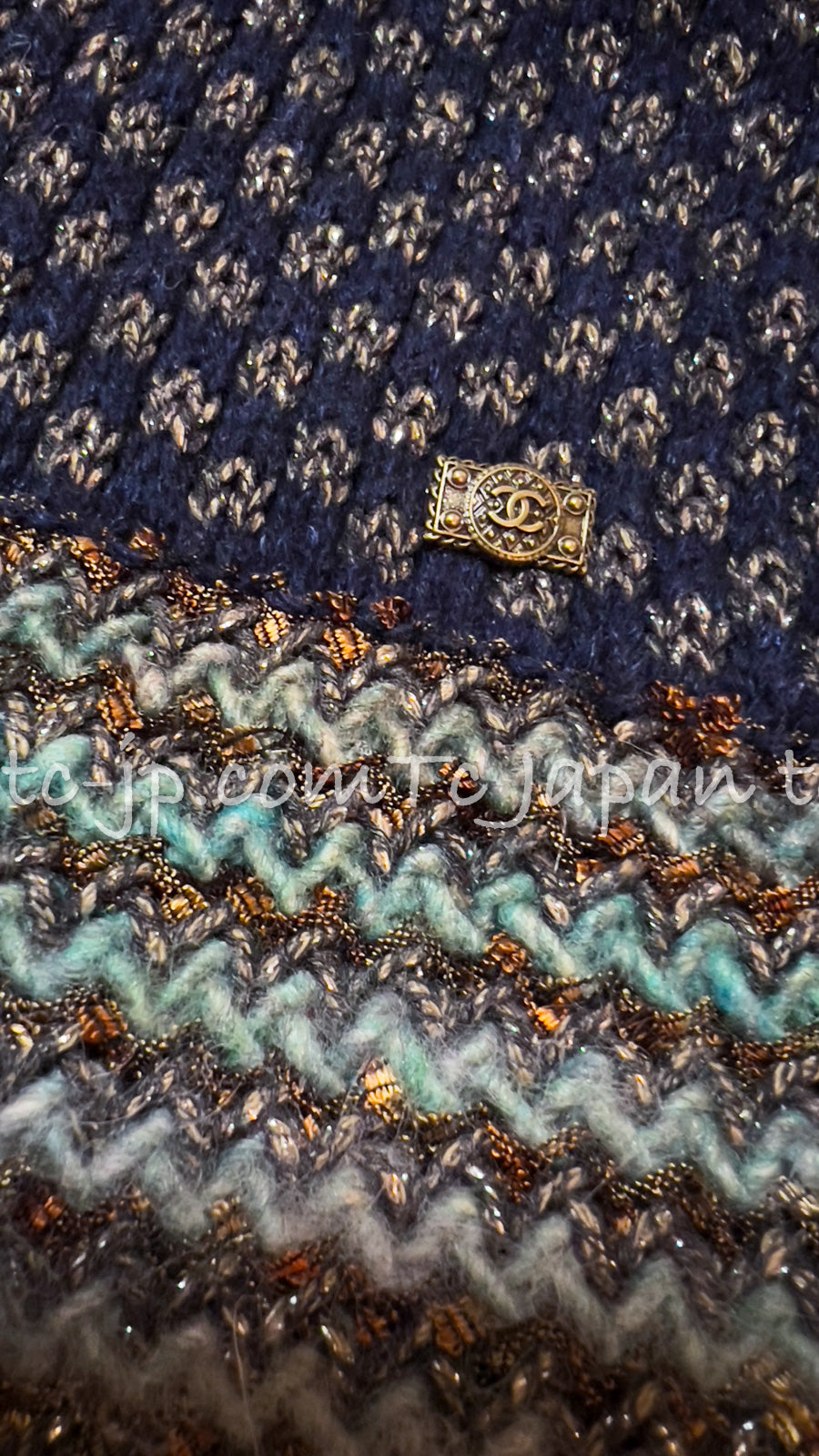 CHANEL 11PF Paris Byzance Gold Thread Mix Wool Knit Dress 34 36 シャネル ネイビー ミックス メタリック ニット ワンピース 即発