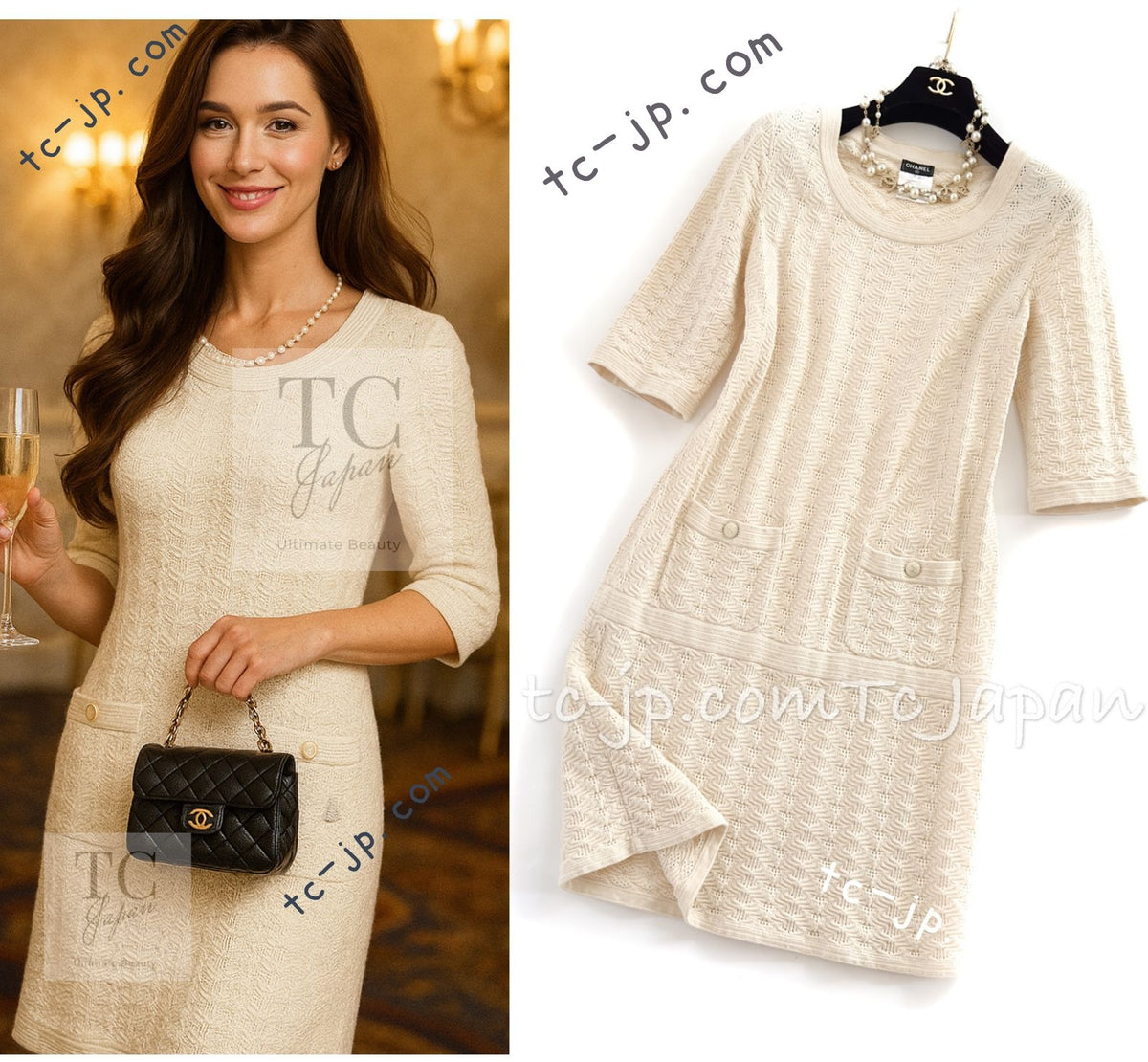 CHANEL 13S Ivory Cream Summer Cotton Knit Dress 34 シャネル アイボリークリーム 春夏 サマー コットン ニット ワンピース 即発