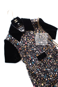 CHANEL 13B Black Silk CC Button Series Velvet Short Sleeve Dress 36 38 シャネル シルク CC ボタン シリーズ 柄 ベルベット 半袖 ワンピース 即発