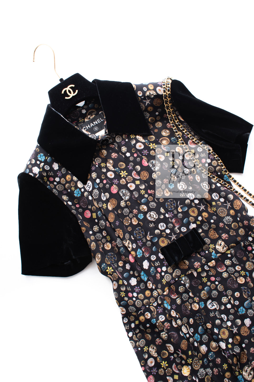 CHANEL 13B Black Silk CC Button Series Velvet Short Sleeve Dress 36 38 シャネル シルク CC ボタン シリーズ 柄 ベルベット 半袖 ワンピース 即発