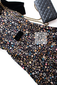 CHANEL 13B Black Silk CC Button Series Velvet Short Sleeve Dress 36 38 シャネル シルク CC ボタン シリーズ 柄 ベルベット 半袖 ワンピース 即発