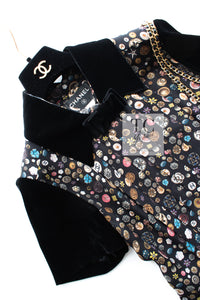 CHANEL 13B Black Silk CC Button Series Velvet Short Sleeve Dress 36 38 シャネル シルク CC ボタン シリーズ 柄 ベルベット 半袖 ワンピース 即発