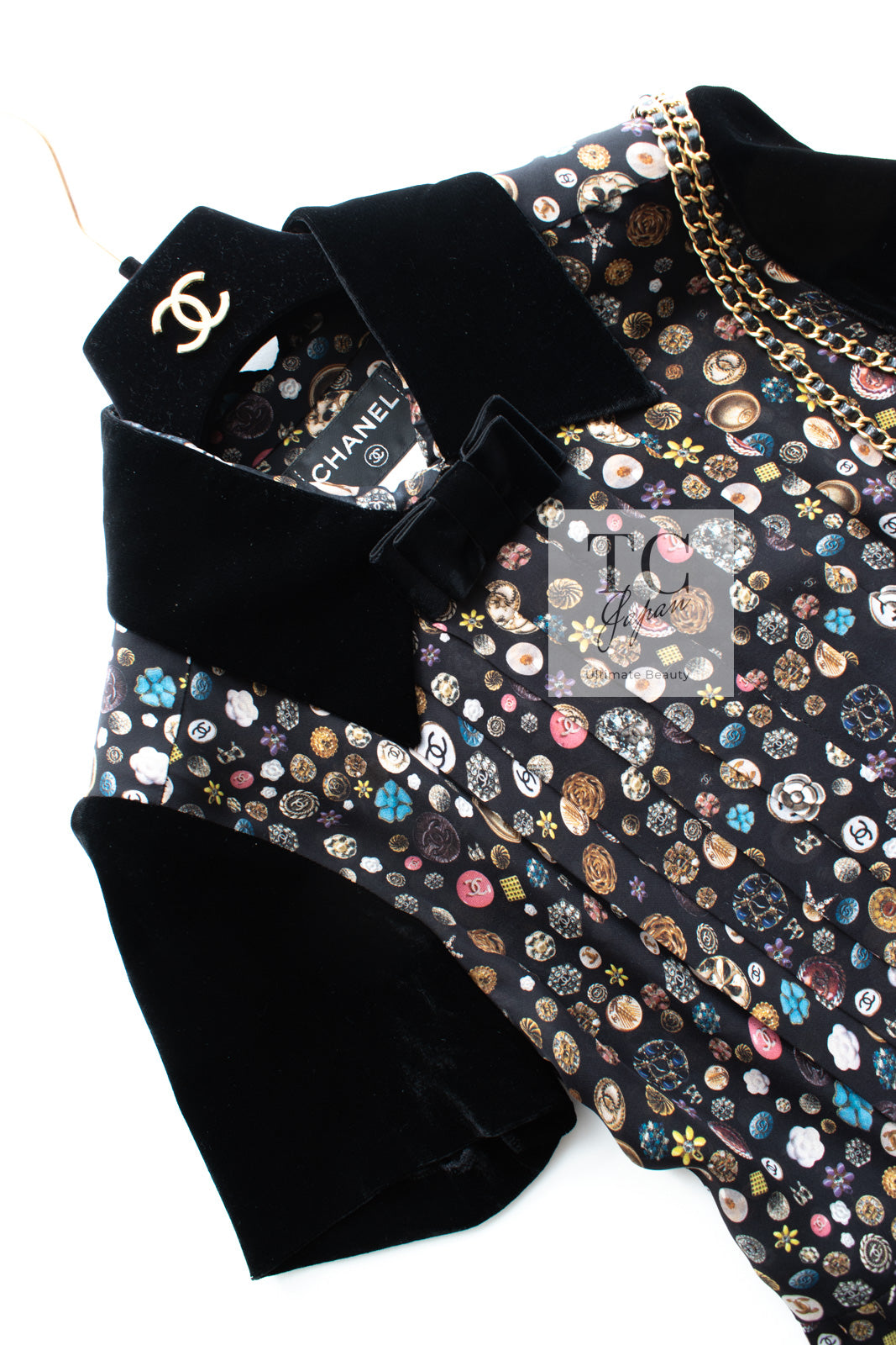 CHANEL 13B Black Silk CC Button Series Velvet Short Sleeve Dress 36 38 シャネル シルク CC ボタン シリーズ 柄 ベルベット 半袖 ワンピース 即発