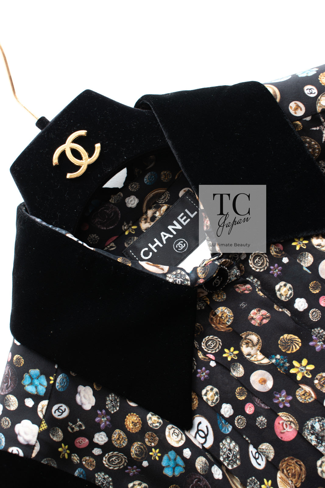 CHANEL 13B Black Silk CC Button Series Velvet Short Sleeve Dress 36 38 シャネル シルク CC ボタン シリーズ 柄 ベルベット 半袖 ワンピース 即発