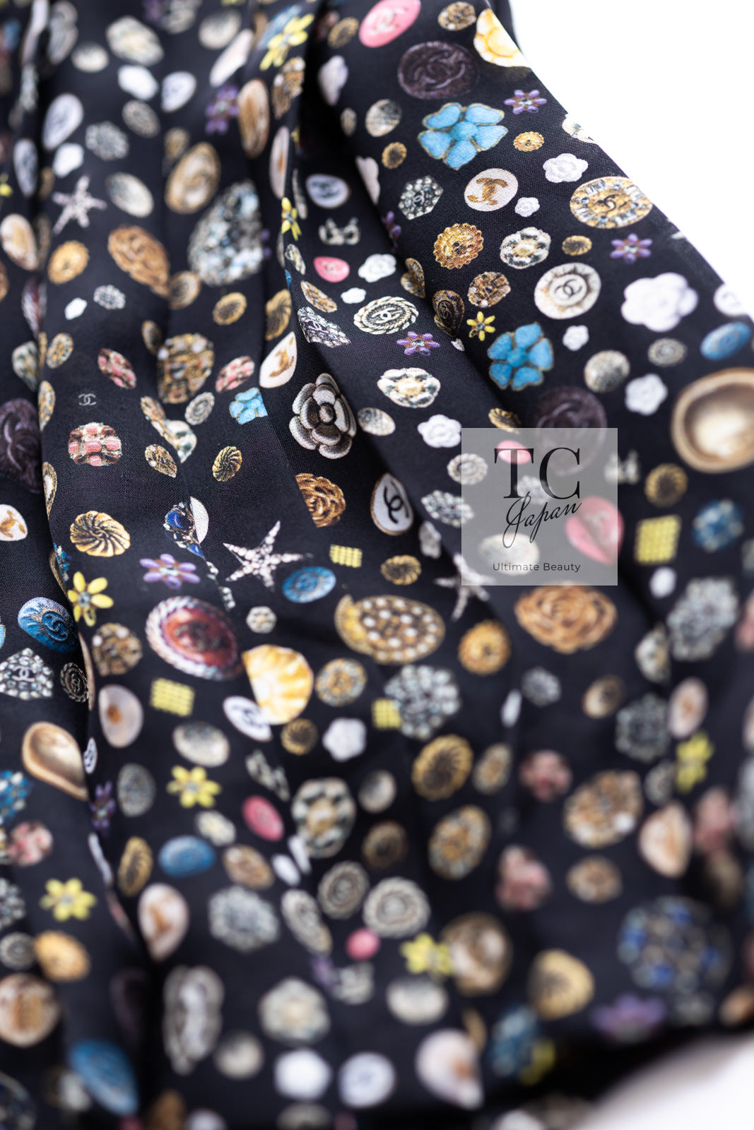 CHANEL 13B Black Silk CC Button Series Velvet Short Sleeve Dress 36 38 シャネル シルク CC ボタン シリーズ 柄 ベルベット 半袖 ワンピース 即発