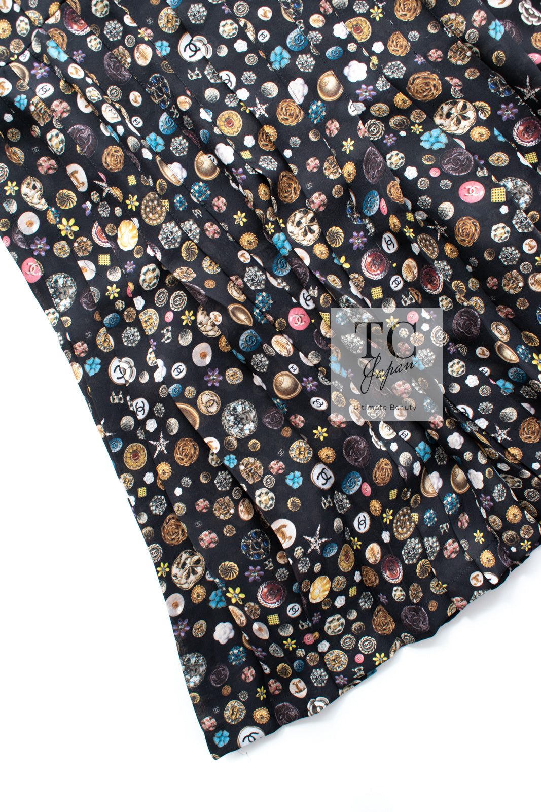 CHANEL 13B Black Silk CC Button Series Velvet Short Sleeve Dress 36 38 シャネル シルク CC ボタン シリーズ 柄 ベルベット 半袖 ワンピース 即発