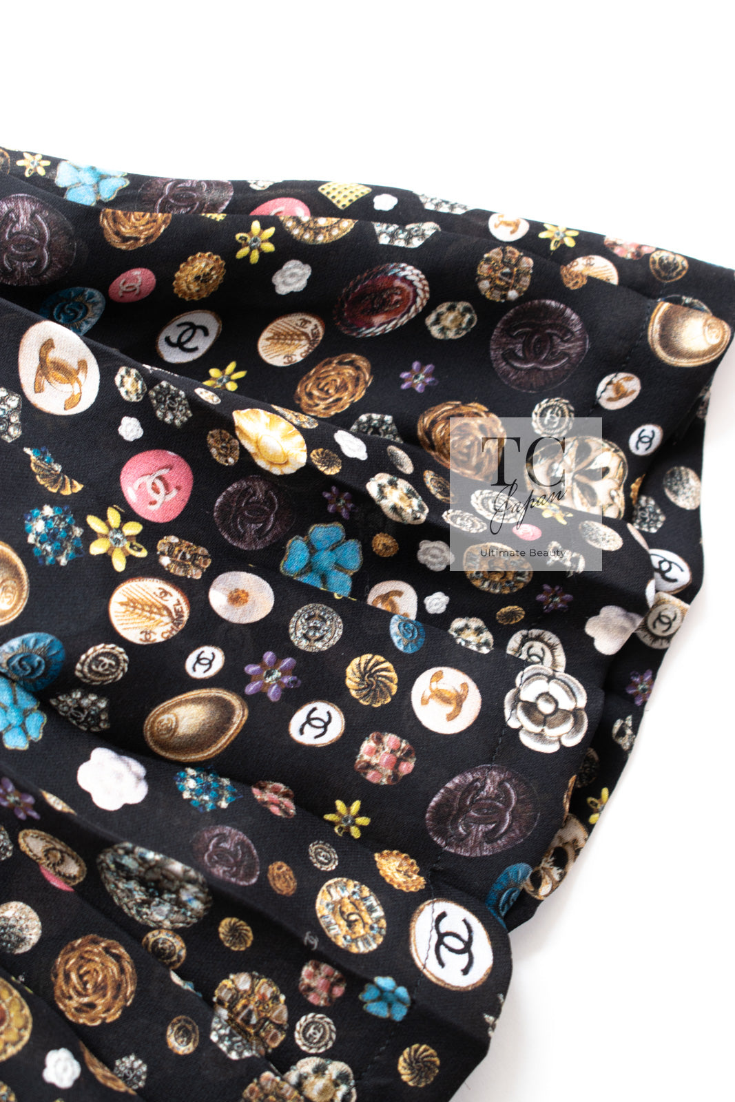 CHANEL 13B Black Silk CC Button Series Velvet Short Sleeve Dress 36 38 シャネル シルク CC ボタン シリーズ 柄 ベルベット 半袖 ワンピース 即発